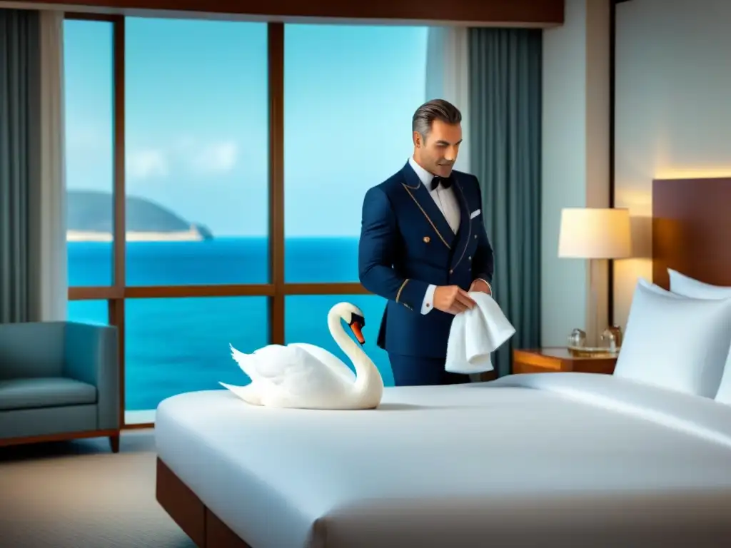 Un mayordomo en cruceros de lujo crea una elegante figura de cisne con una toalla, frente a una vista al mar soleada