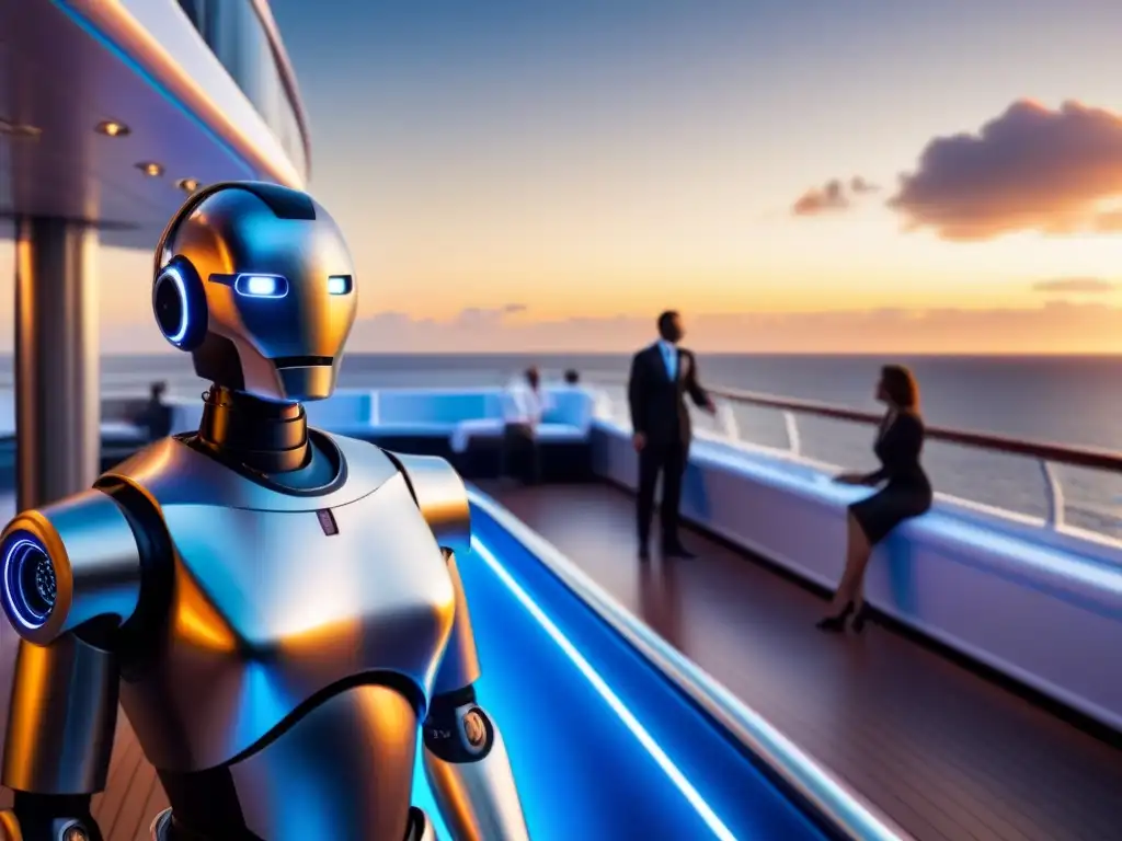 Un mayordomo robot futurista sirviendo en crucero de lujo al atardecer