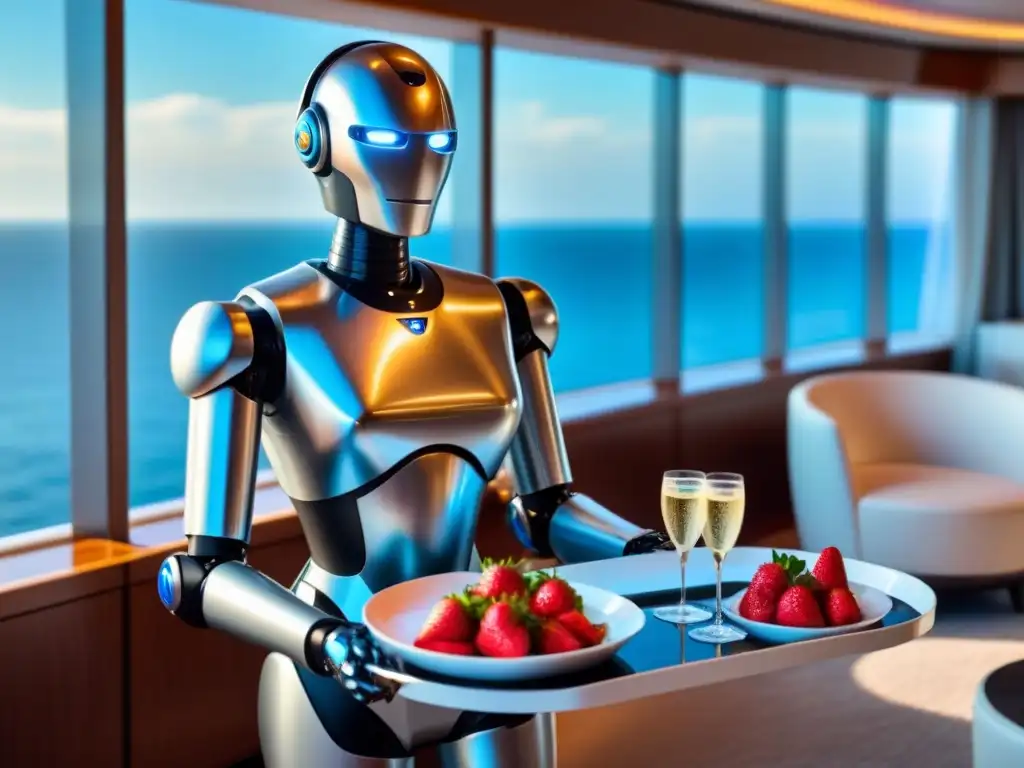 Un mayordomo robot futurista en un crucero de lujo sirviendo champagne y fresas al atardecer en alta mar, con elegancia y precisión