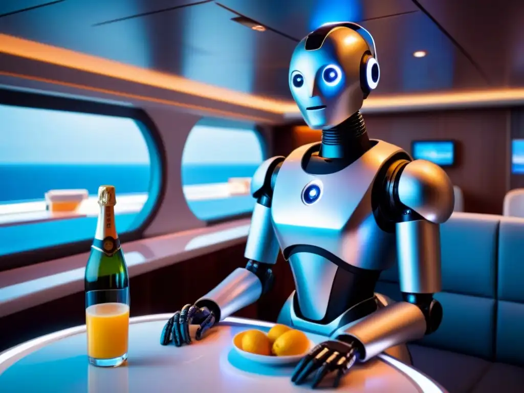 Un mayordomo robot futurista se desliza suavemente por la lujosa cabina de un crucero, reflejando eficiencia y diseño avanzado