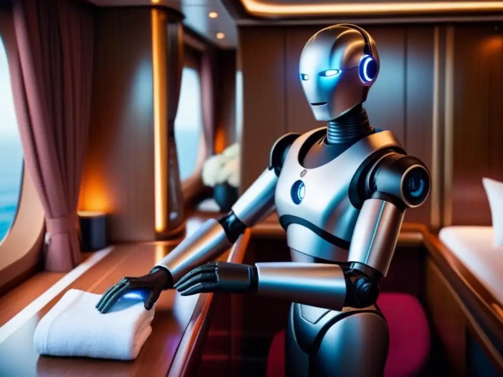 Un mayordomo robot futurista en un lujoso camarote de crucero, fusionando tecnología y lujo