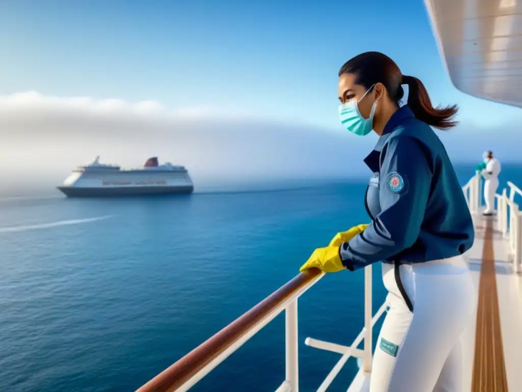 Medidas sanitarias cruceros pandemia: Tripulación desinfectando minuciosamente un crucero moderno en aguas tranquilas bajo cielo azul