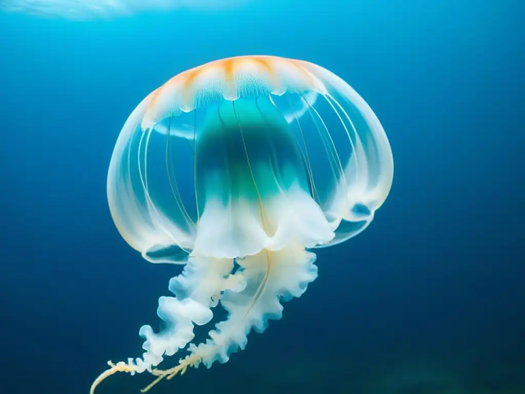 Fotografiar medusas en cruceros: una medusa translúcida flotando grácilmente en aguas cristalinas, iluminada por suave luz solar