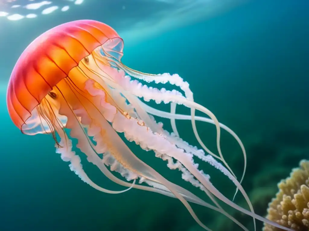 Fotografiar medusas en cruceros: Una medusa translúcida se desliza elegantemente entre aguas cristalinas, iluminada por una luz etérea