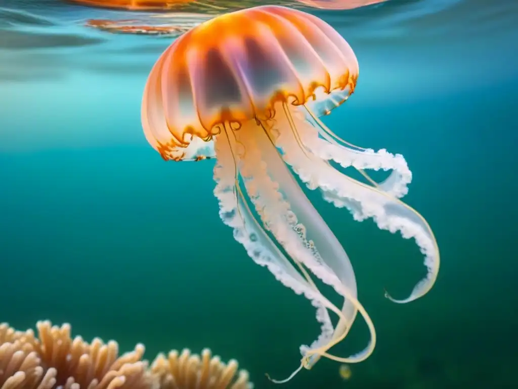 Fotografiar medusas en cruceros: Una medusa translúcida se desliza grácilmente en aguas cristalinas, sus tentáculos delicados flotando como cintas etéreas en la luz, su cuerpo iridiscente brilla en tonos hipnóticos, revelando la belleza de