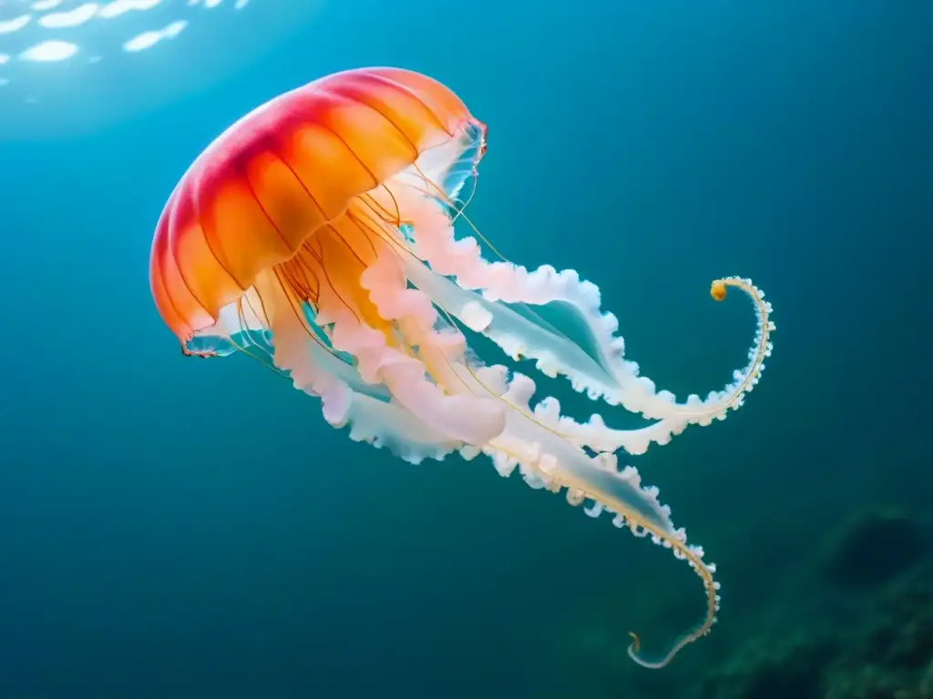 Fotografiando medusas en cruceros: Una medusa vibrante flotando en aguas cristalinas con luz suave filtrada