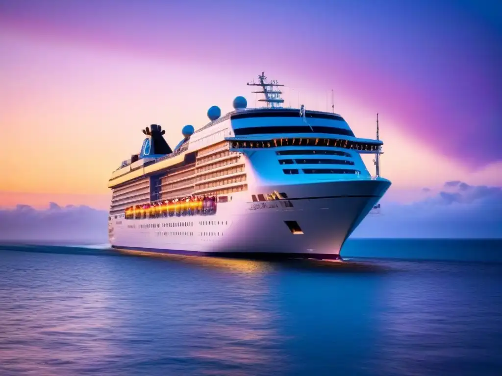 El mejor crucero de lujo relación calidad-precio surcando aguas al atardecer, bajo un cielo pastel iluminado