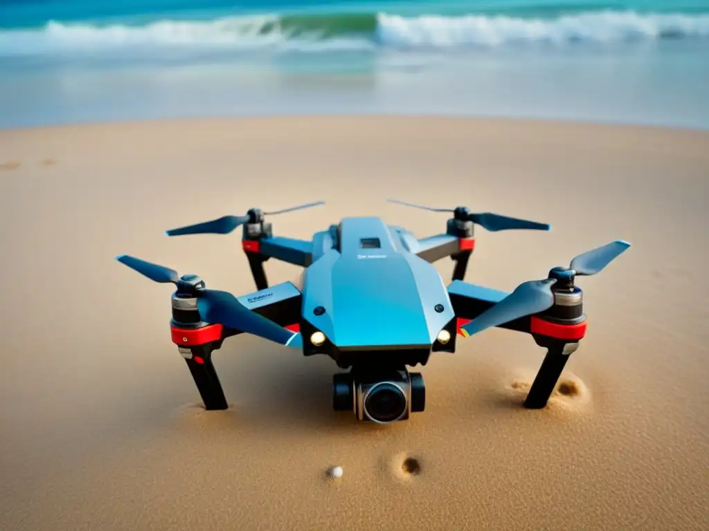 Las mejores cámaras acuáticas para cruceros descansan junto a un dron en una playa serena, con el océano de fondo