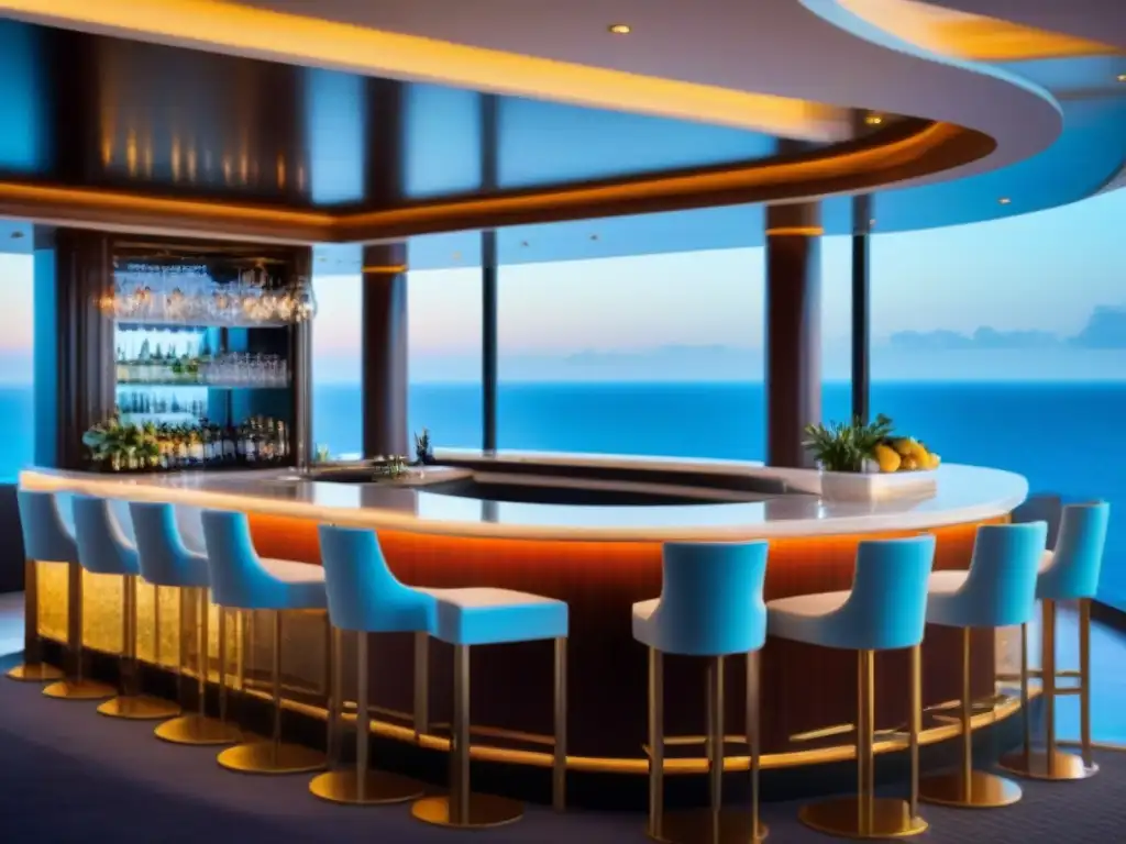 Disfruta los mejores cocteles en cruceros: Un elegante bar con vista al mar, taburetes altos y un bartender preparando un colorido coctel