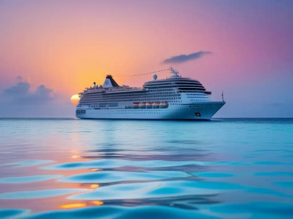 Mejores cruceros familiares para aventuras: Majestuoso barco de lujo surca aguas turquesas al atardecer