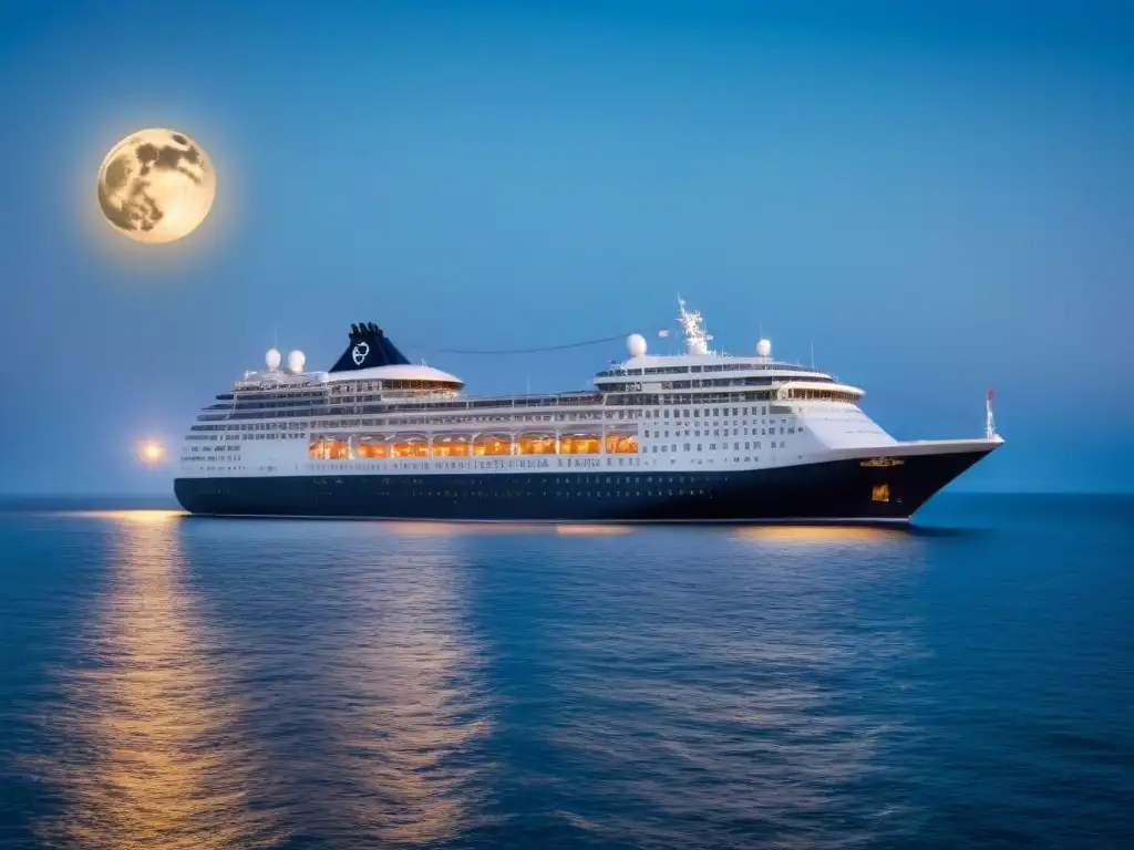 Uno de los mejores cruceros para parejas: un lujoso barco navegando bajo un cielo estrellado y la suave luz de la luna reflejada en el mar