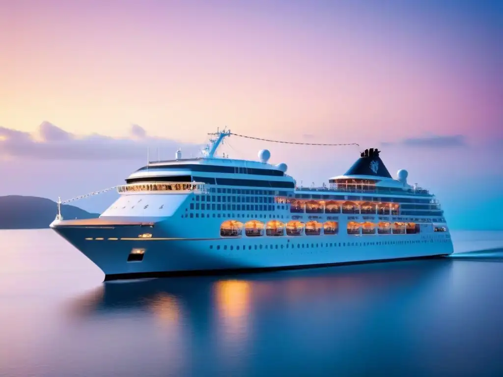 Mejores cruceros para parejas: un lujoso crucero deslizándose en aguas tranquilas al atardecer, con una elegancia minimalista y romántica