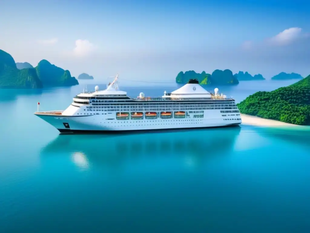 Crucero de lujo en Asia: serenidad y elegancia en el paraíso Explora los mejores destinos de cruceros en Asia: un lujoso barco navegando entre islas exuberantes bajo un cielo azul y tranquilo