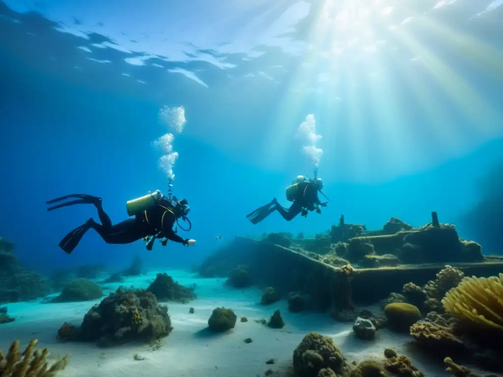 Mejores expediciones arqueología subacuática: equipo de buceadores explorando un pecio rodeado de vida marina vibrante bajo la luz del sol