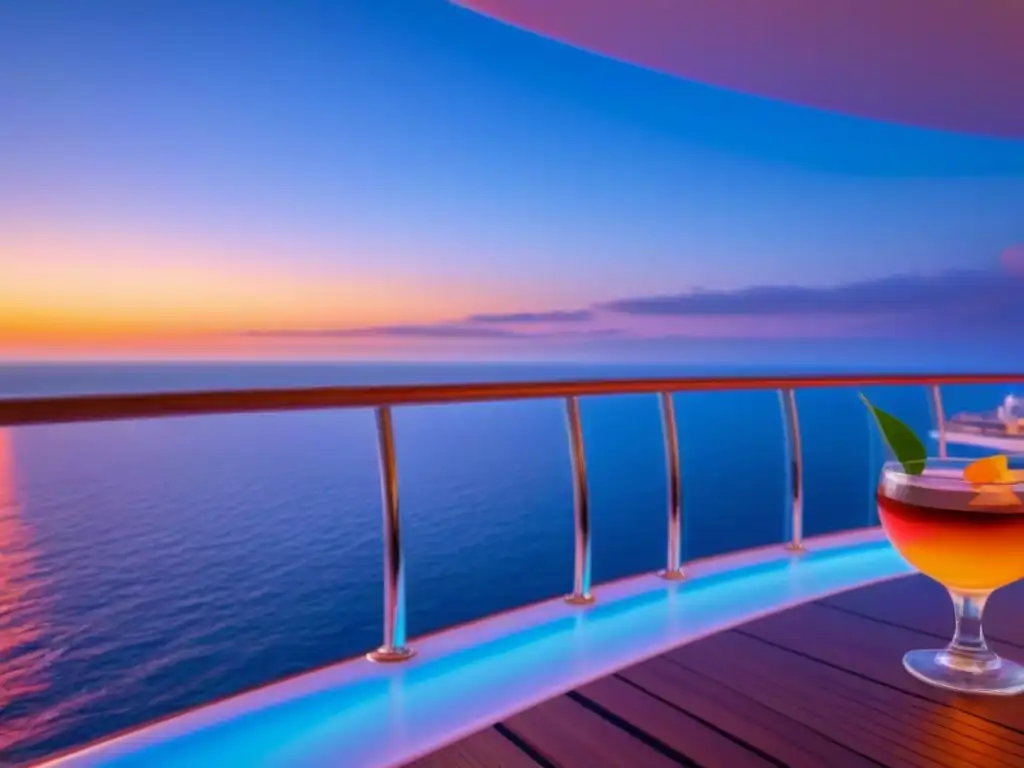 Disfruta las mejores horas felices en cruceros con este elegante atardecer de lujo y cocteles coloridos