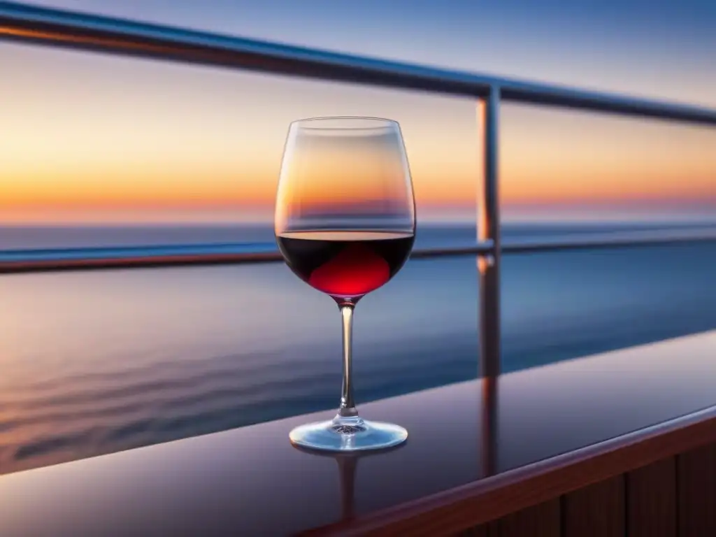 Mejores maridajes vinos eventos cruceros: Copa de vino tinto en crucero al atardecer sobre el mar