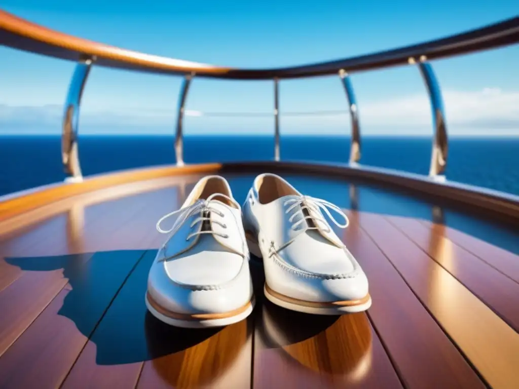 Los mejores zapatos para cruceros descansan en elegante cubierta, con el vasto océano de fondo, bajo un cielo azul claro