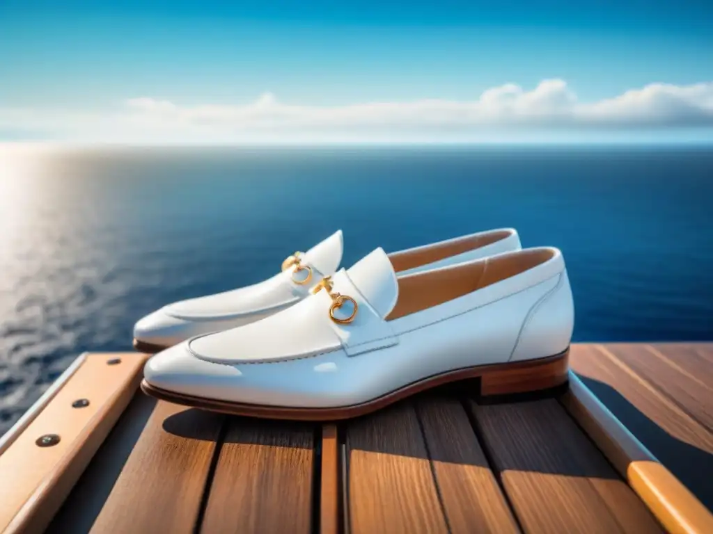 Los mejores zapatos para cruceros: elegantes mocasines blancos de cuero sobre cubierta de madera, con el mar brillante de fondo bajo cielo azul