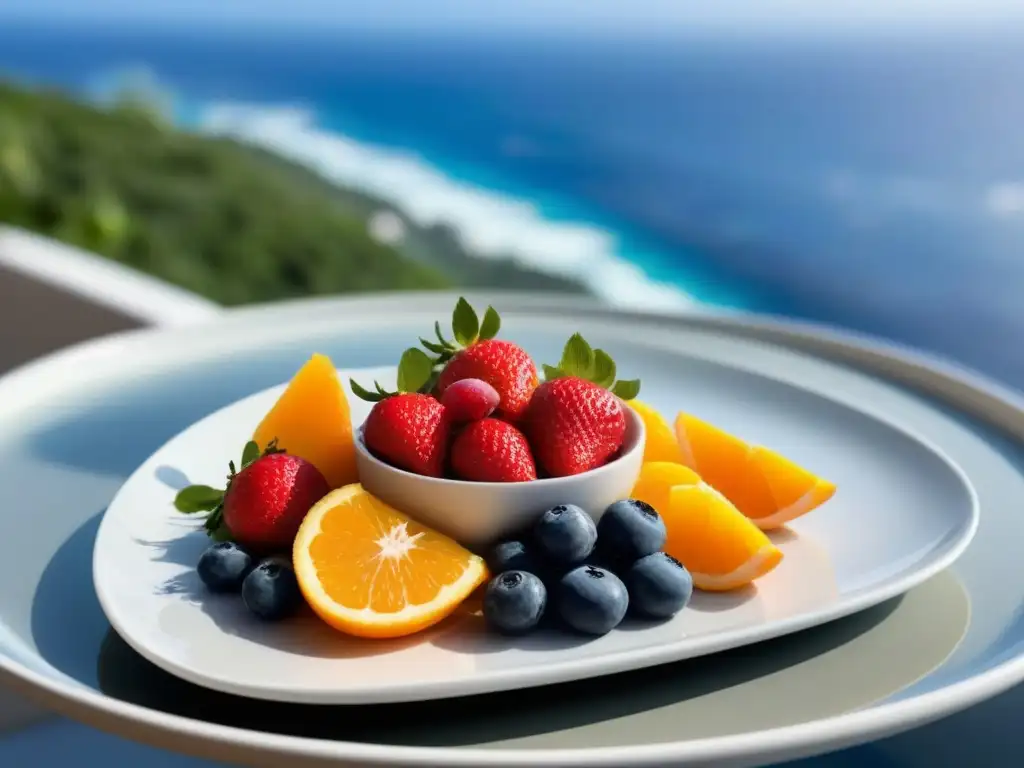 Un menú saludable en un crucero marítimo: una exquisita bandeja de frutas frescas y coloridas en un elegante plato blanco, con vista al mar