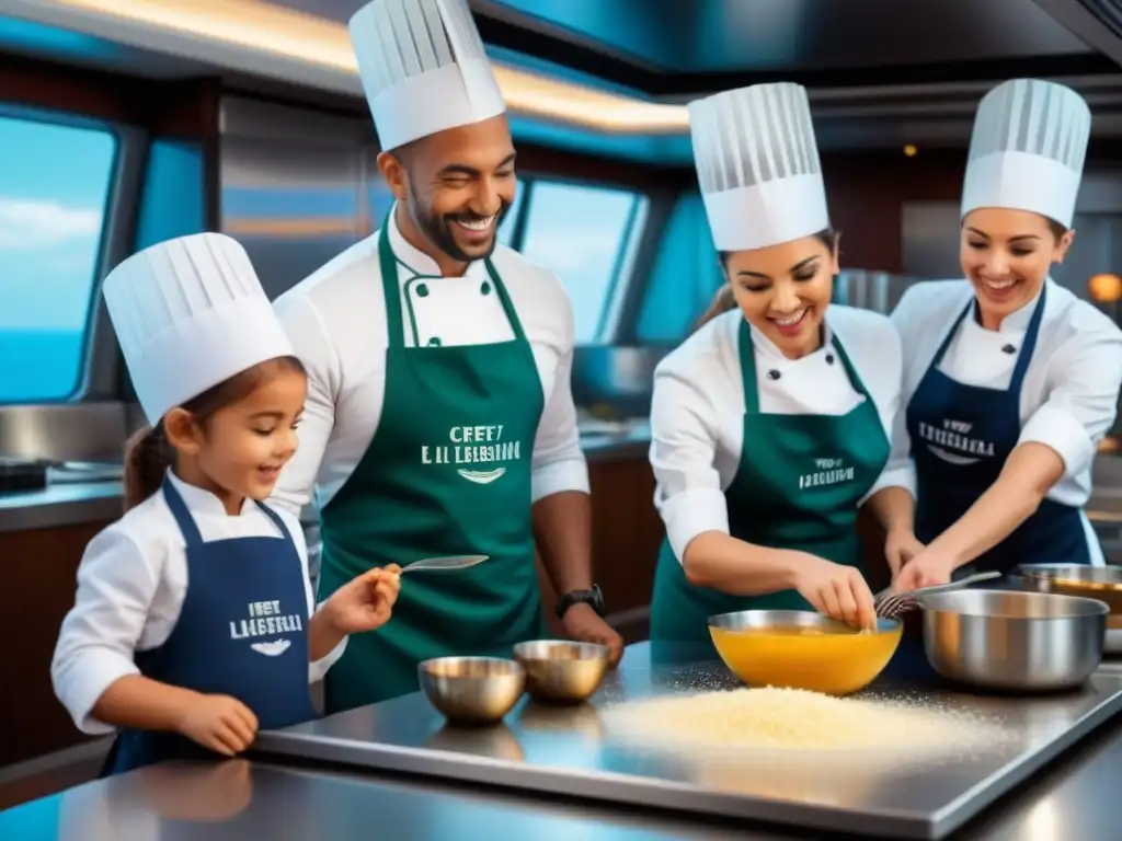 Menús divertidos para niños cruceros: clase de cocina infantil colorida y alegre en un barco, con niños felices preparando delicias con un chef