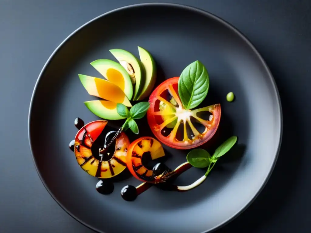 Exquisita presentación de platillos gourmet coloridos en plato blanco Menús personalizados cruceros alta cocina: Plato blanco con exquisitos platillos gourmet y coloridos ingredientes, sobre fondo negro elegante