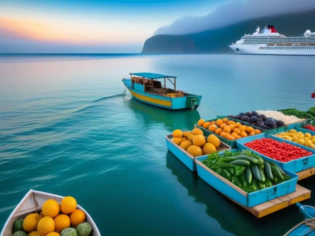 Un mercado de agricultores vibrante junto al mar, con puestos coloridos rebosantes de productos frescos