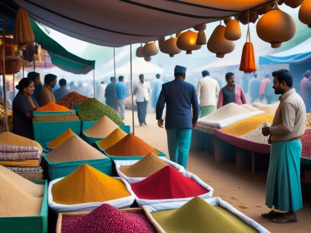 Un mercado callejero indio vibrante y colorido, reflejo de la rica cultura culinaria de la India