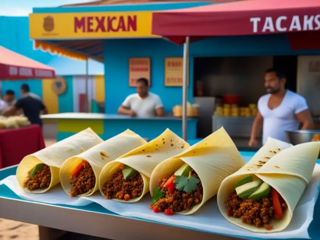 Un mercado callejero vibrante en una isla caribeña, con puestos de tacos, tamales y aguas frescas