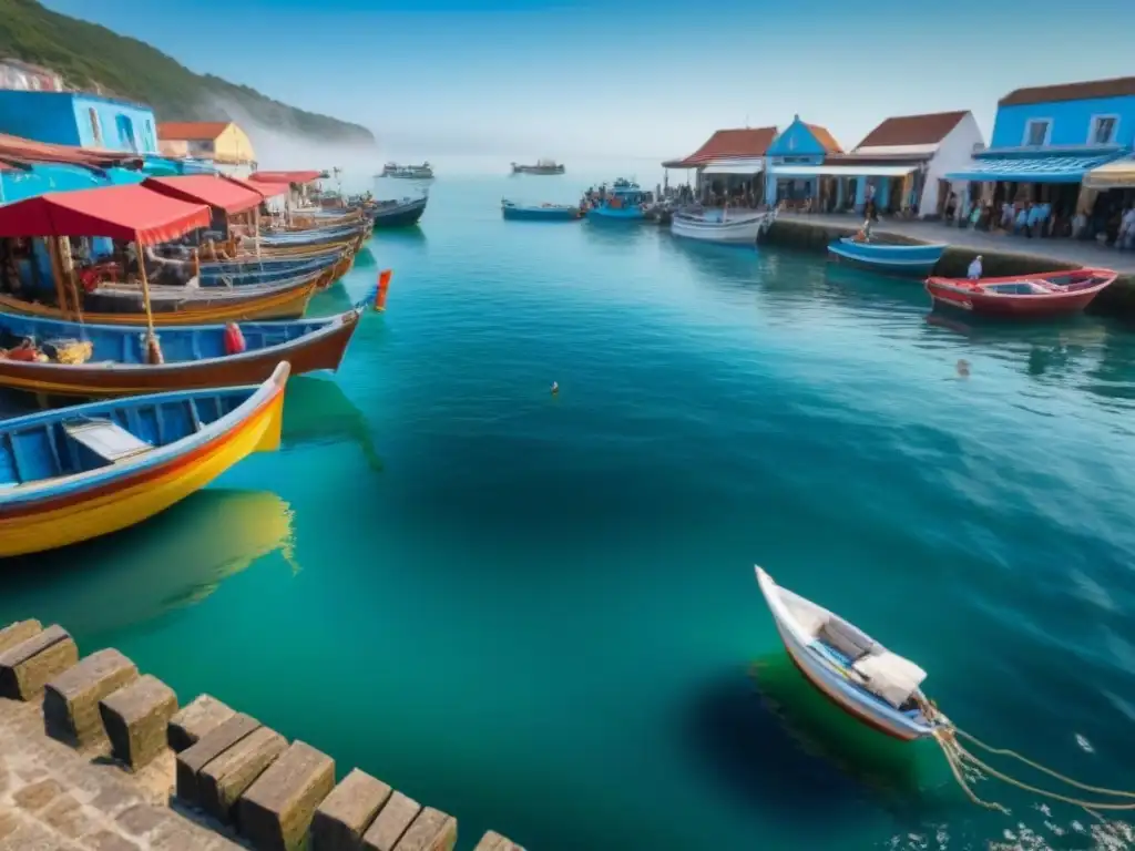 Un mercado costero bullicioso y vibrante, con pescadores locales vendiendo su pesca fresca, barcos coloridos y turistas explorando tiendas de souvenirs y cocina local