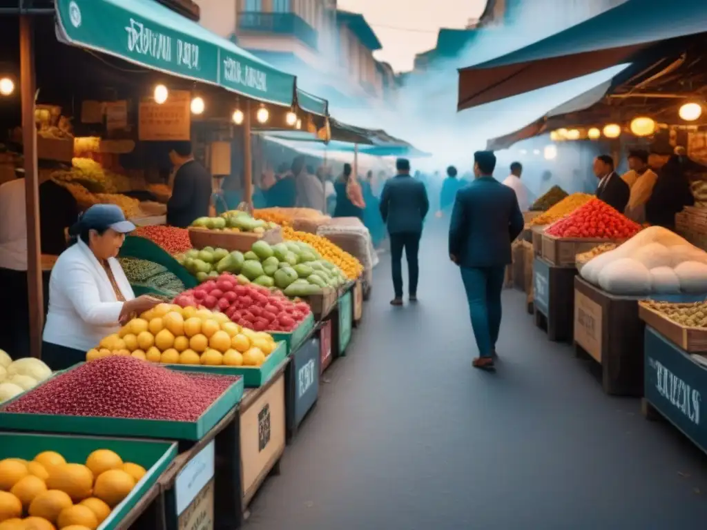 Mercado gastronómico vibrante con puestos de frutas exóticas y especias, gente de diferentes culturas y sabores locales