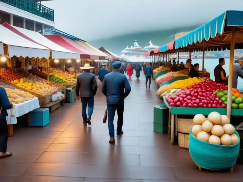 Un mercado local bullicioso cerca de un puerto de cruceros, mostrando artesanías tradicionales y productos locales a turistas de un crucero