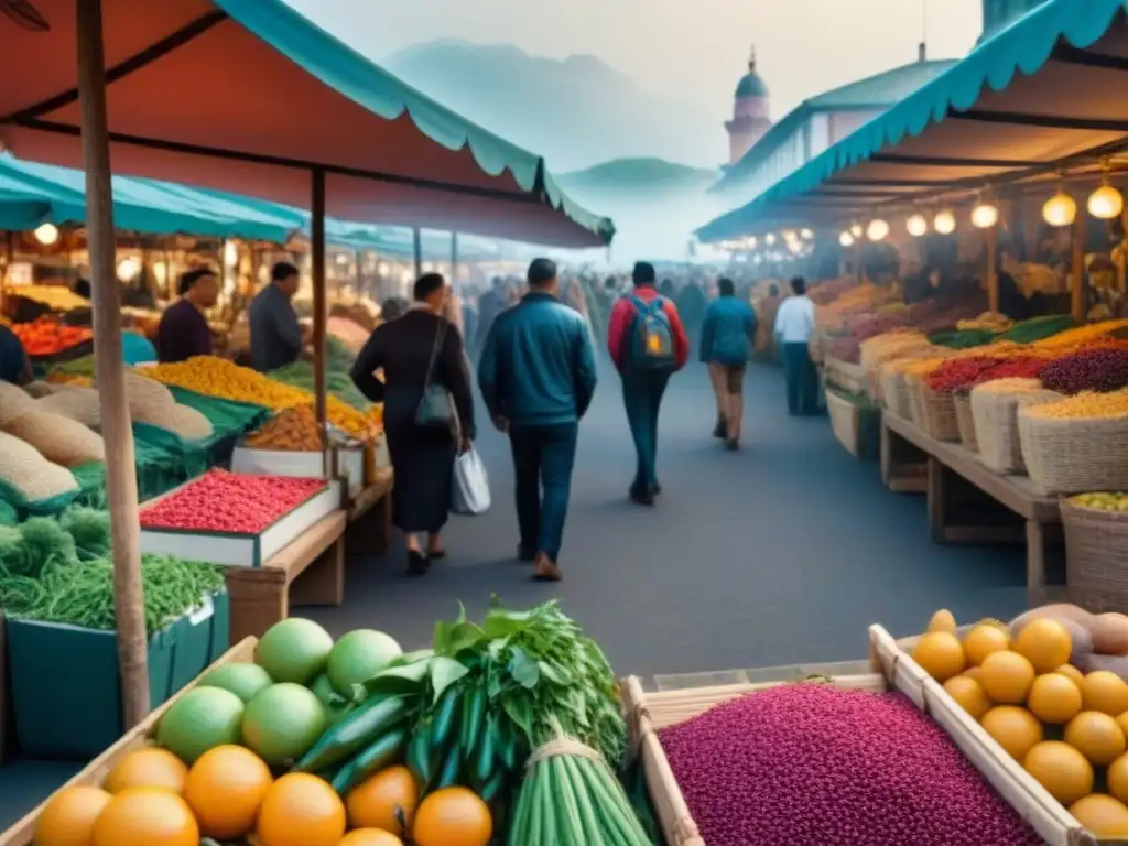 Mercado local vibrante cerca de puerto de cruceros, turistas y productos locales