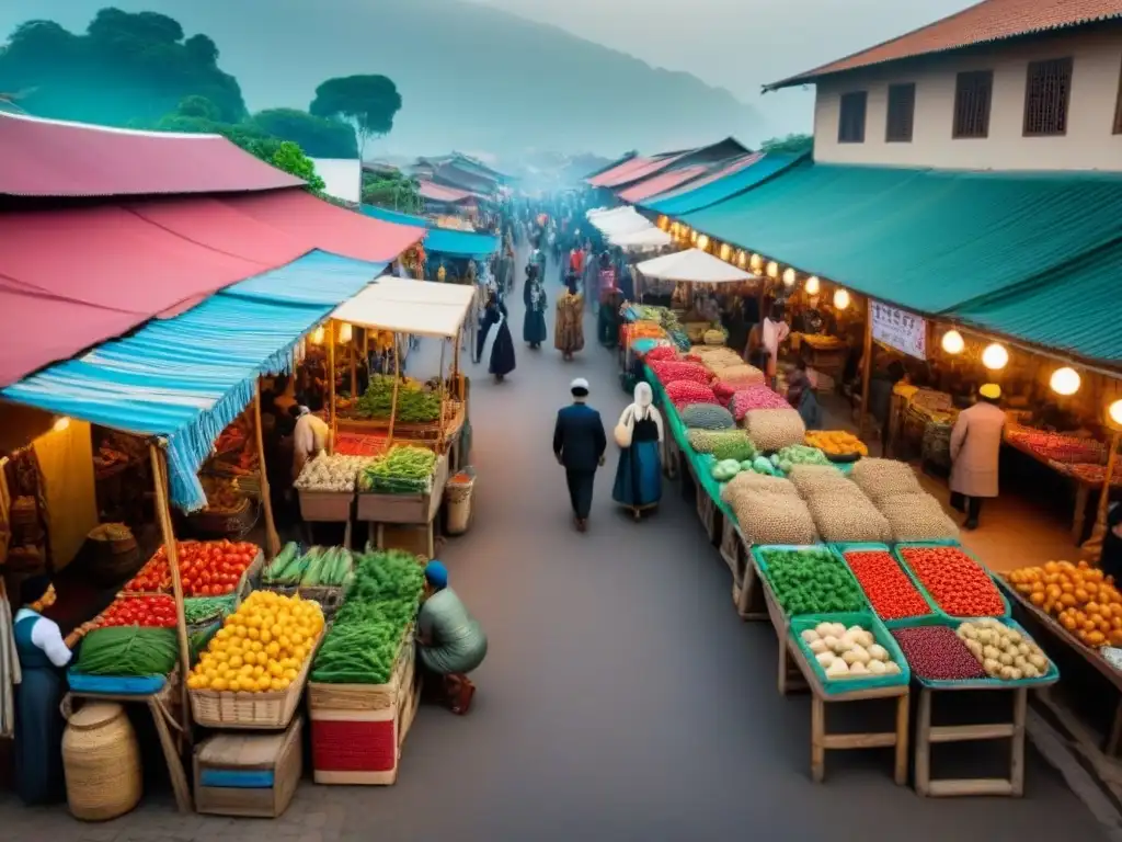 Un mercado local vibrante con puestos de artesanías y productos frescos, reflejando la cultura