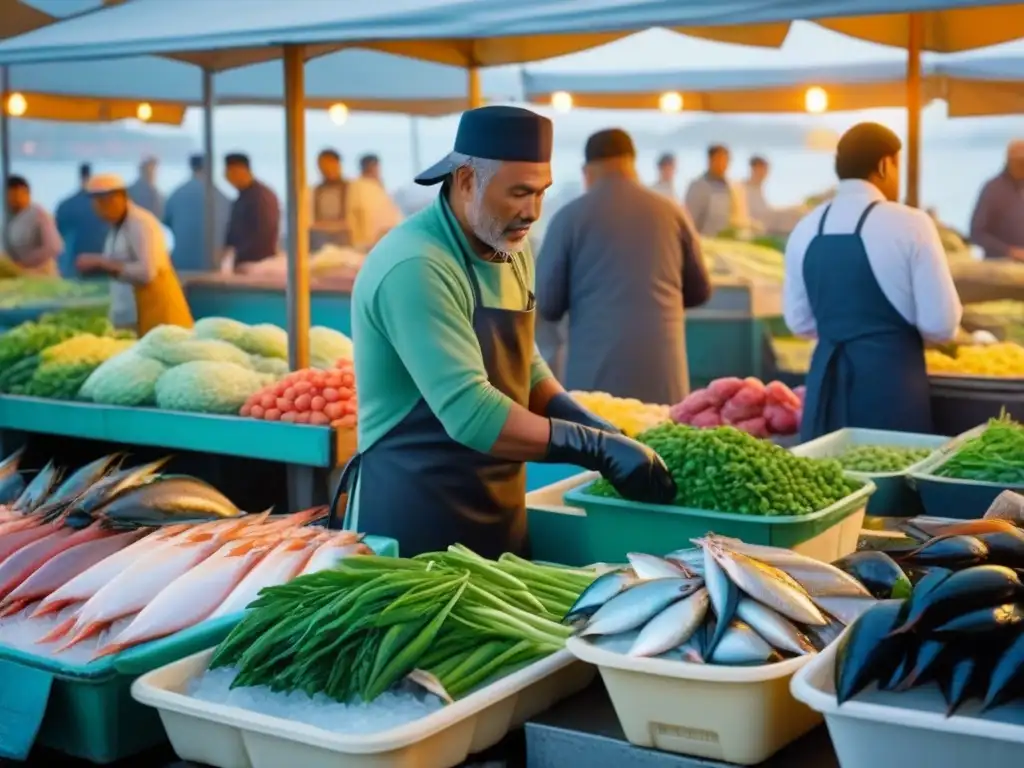 Un mercado de mariscos vibrante al amanecer, con ingredientes frescos del mar, pescadores filletando pescado