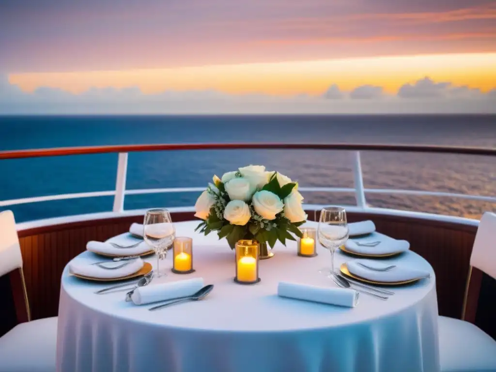 Boda exclusiva en crucero: mesa elegante al atardecer Una mesa de boda elegante en un crucero exclusivo, con decoración en blanco y oro, cristalería y vista al mar al atardecer
