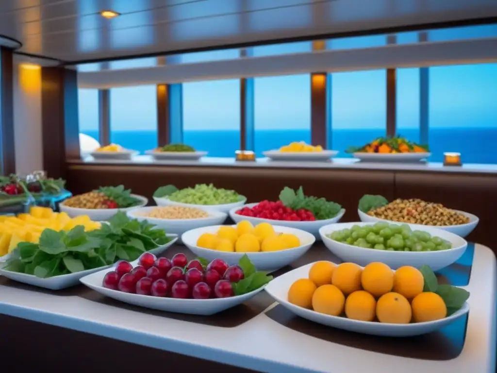 Una mesa de buffet en un crucero, con frutas frescas y coloridas, ensaladas crujientes y verduras vibrantes