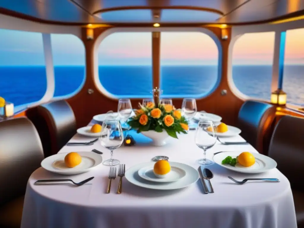 Una mesa de cena lujosamente decorada en un crucero, con exquisiteces de distintas temáticas gastronómicas y vista al mar al atardecer