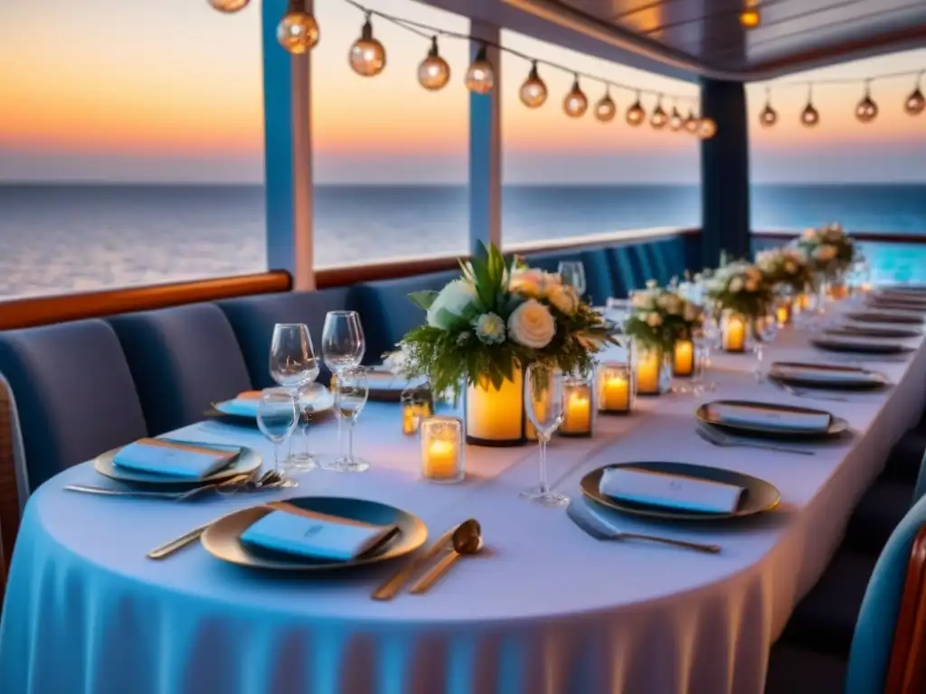 Una mesa de cena lujosa en la cubierta de un crucero, con vajilla fina y cubiertos elegantes, iluminada por luces colgantes al atardecer sobre el mar