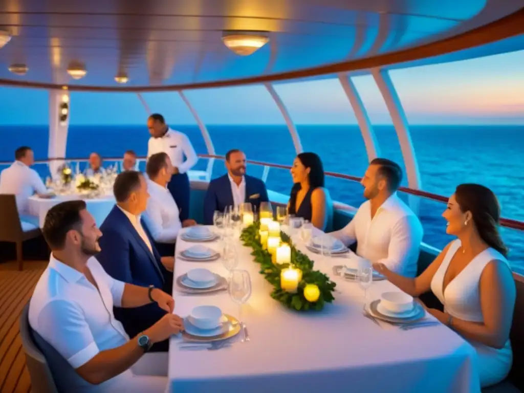 Una mesa de cena temática en crucero marítimo: elegante vajilla, luz de velas, vista al mar y comensales disfrutando