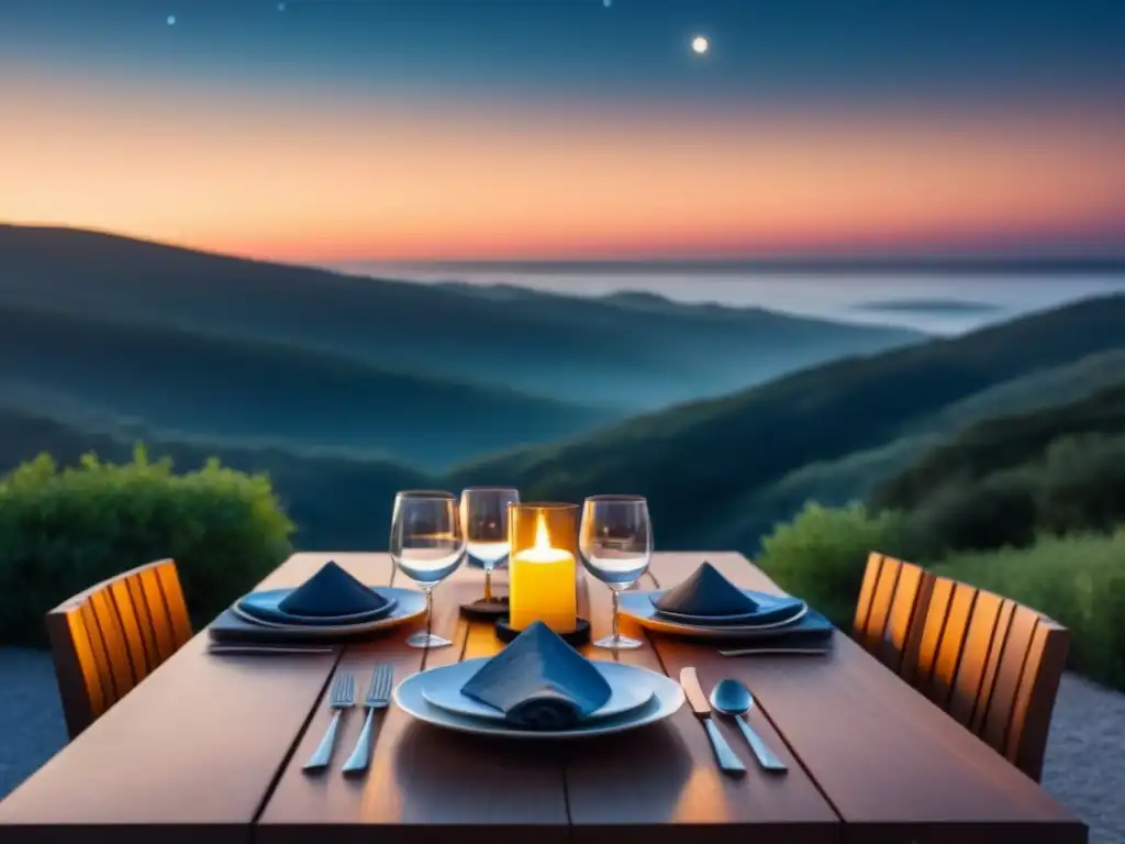 Una mesa de comedor al aire libre bellamente decorada bajo un cielo estrellado, con elegantes lugares, luz de velas y estrellas brillantes