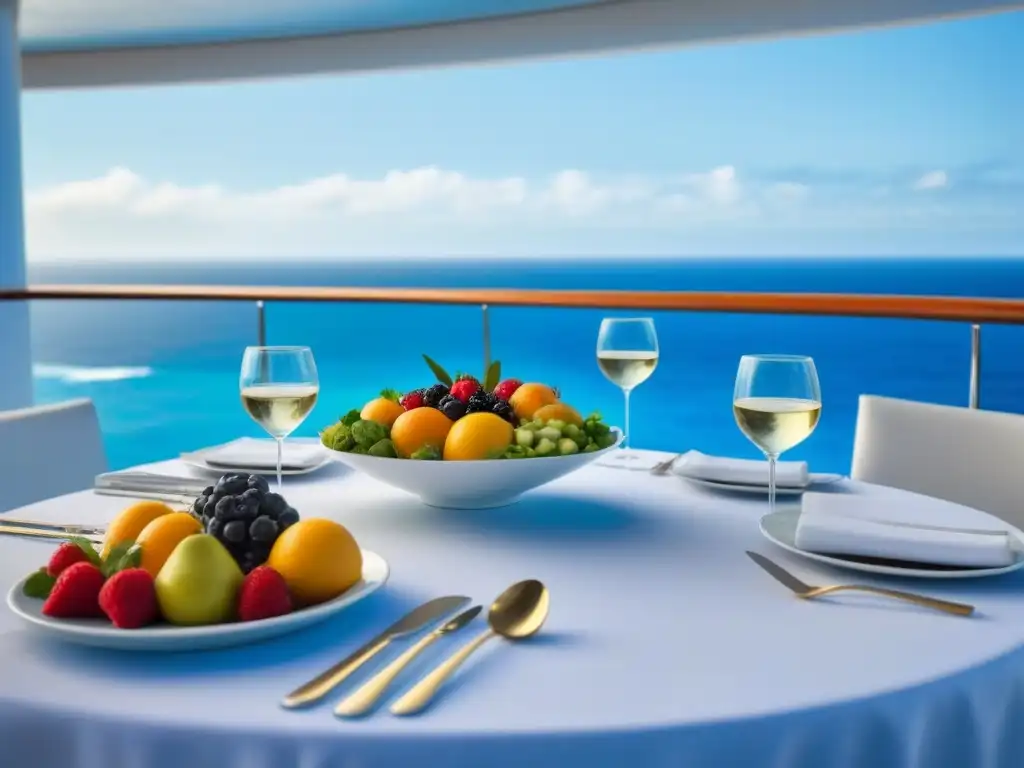 Una mesa de comedor en un crucero con una elegante decoración de comida saludable, bañada por la luz del sol y con vistas al mar