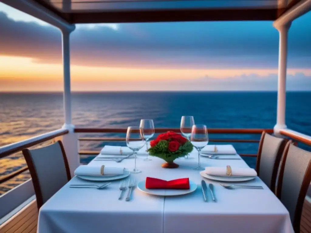 Una mesa de comedor elegante en un crucero al atardecer, ideal para parejas en los mejores restaurantes