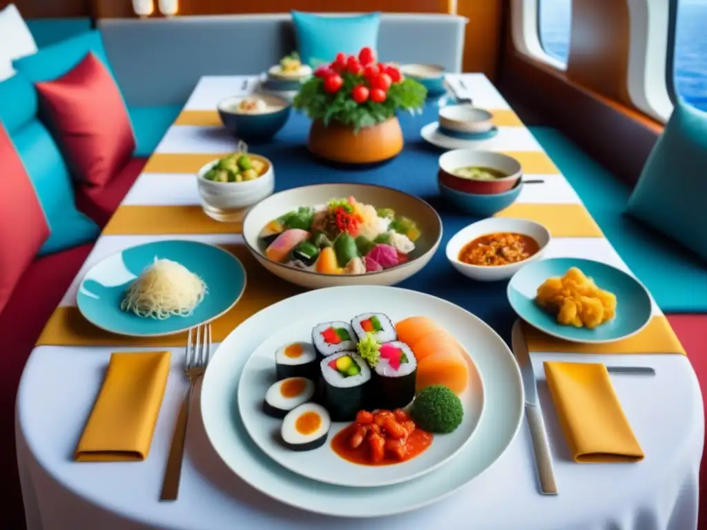 Una mesa de comedor elegante en un crucero, con menús de crucero multicultural exquisitamente dispuestos de todo el mundo