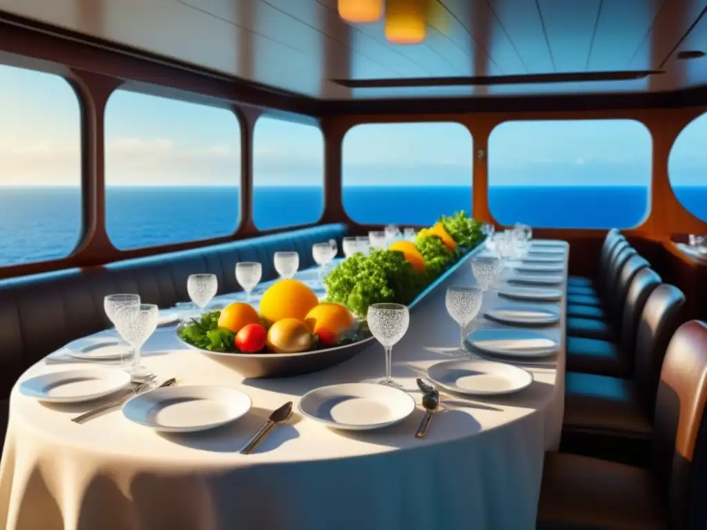 Una mesa de comedor elegante en un crucero, con vajilla exquisita y platos de diversas temáticas gastronómicas en cruceros