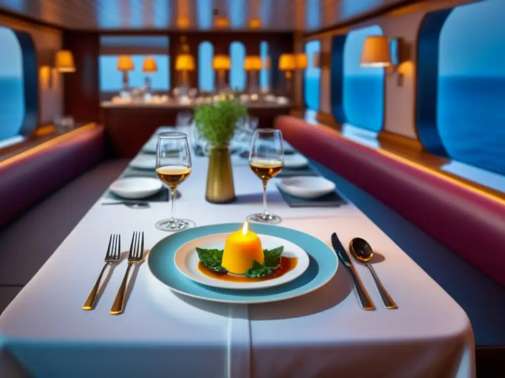 Una mesa de comedor elegante en un crucero de lujo, con vajilla fina y cristalería, iluminada por una vela, exhibiendo gastronomía de lujo en cruceros