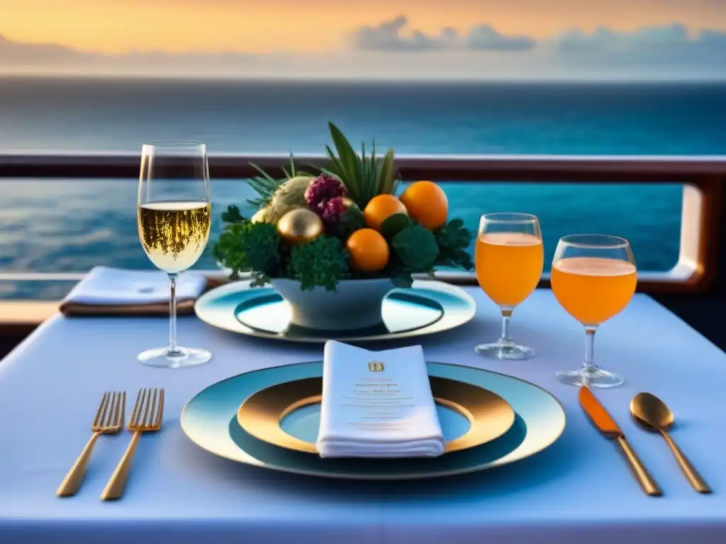 Una mesa de comedor elegante en un lujoso crucero con menús inspirados en viajes marítimos, rodeada de vistas al mar y ambiente sofisticado