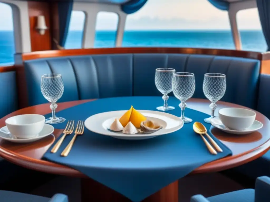 Una mesa de comedor elegante en un lujoso crucero, con menús inspirados en viajes marítimos, vajilla fina y vista al mar