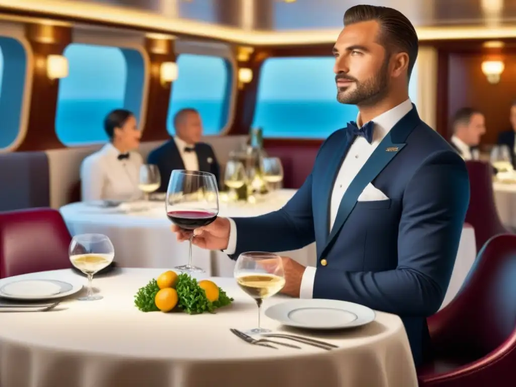 Una mesa de comedor lujosa en un crucero con maridajes vinos cenas crucero, cristalería brillante y elegante iluminación ambiental