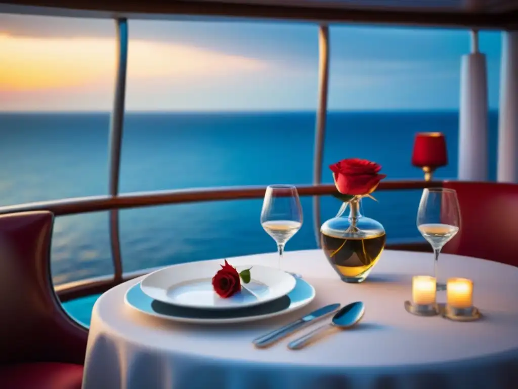 Una mesa de comedor privada en un crucero, decorada con elegante vajilla y una rosa roja en un jarrón, con vista al mar y atardecer dorado