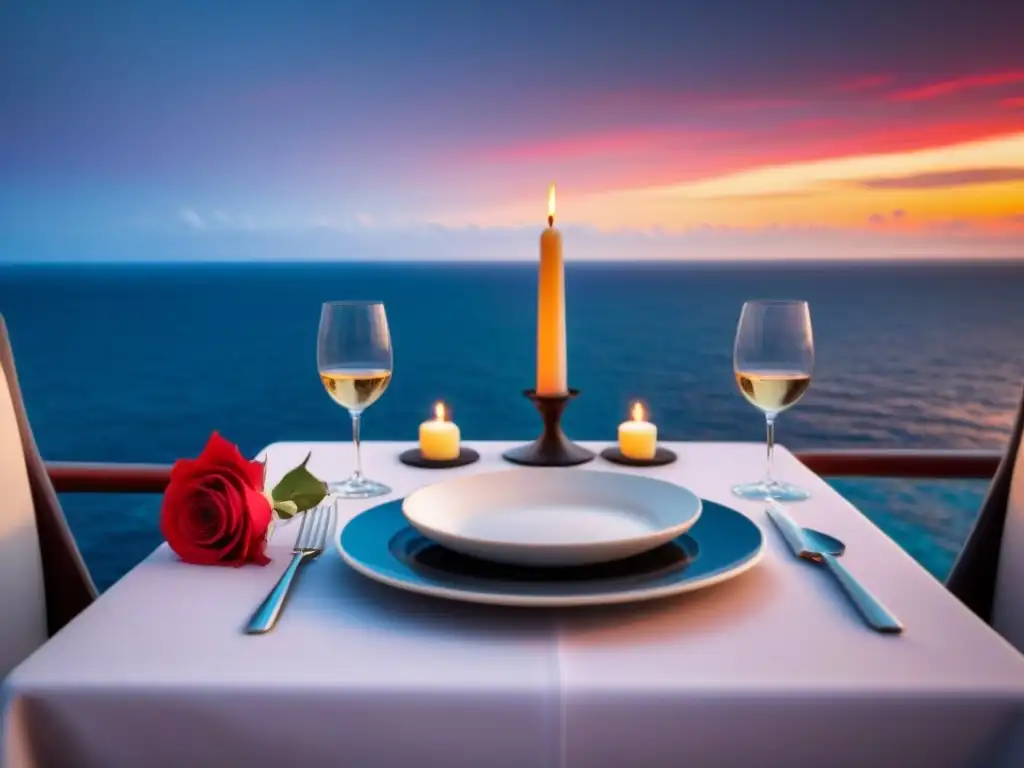 Una mesa para dos en un crucero al atardecer, con detalles elegantes y románticos